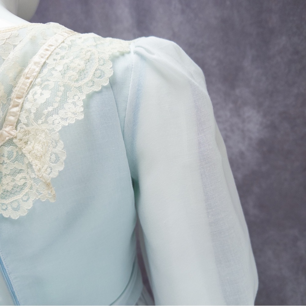 Vintage 70s Gunne Sax Baby Blue Chiffon Prairie Maxi Dress, ~24” waist - Picture 8 of 12